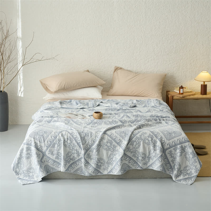 Ownkoti Retro Plaid Flower 3-Layer Muslin Throw Quilt - Gray Blue - Queen - image 2