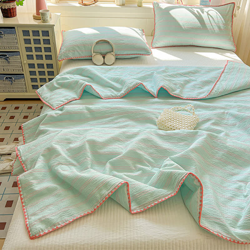 Ownkoti Mint Striped Trim Crinkled Knitted Cotton Quilt - image 1