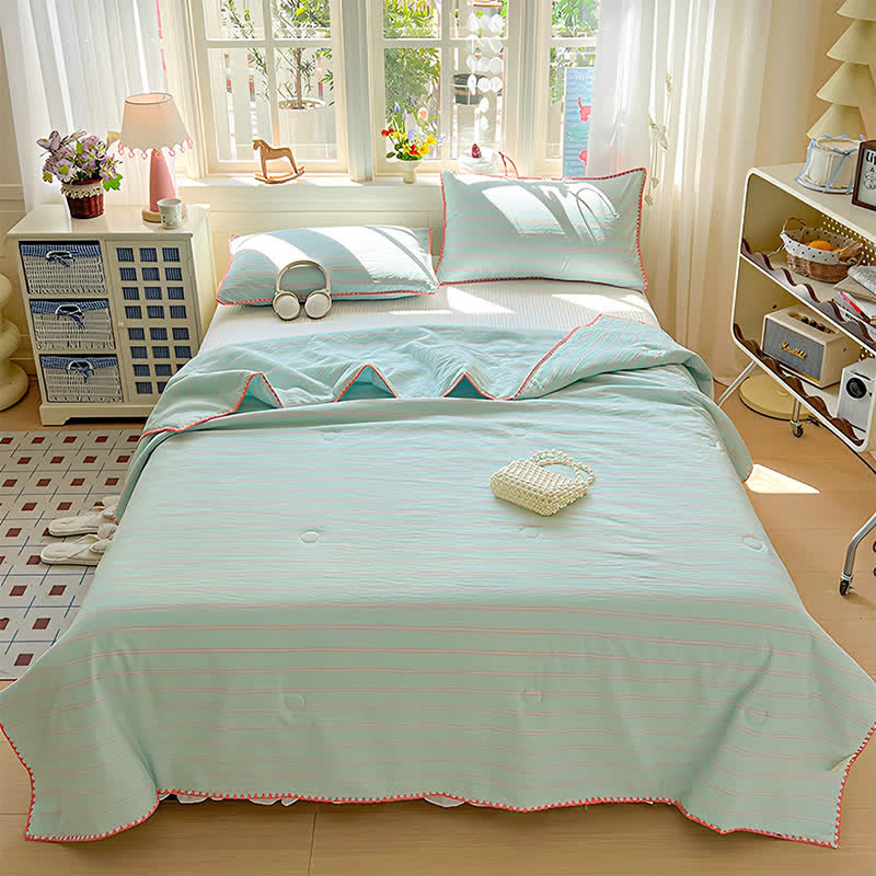 Ownkoti Mint Striped Trim Crinkled Knitted Cotton Quilt - image 2