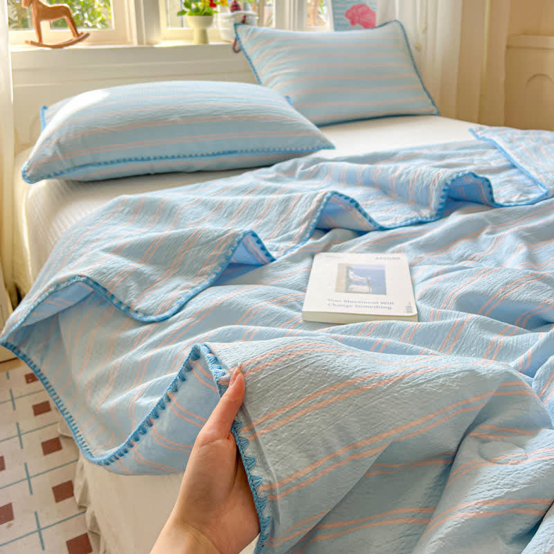 Ownkoti Mint Striped Trim Crinkled Knitted Cotton Quilt - Blue - Queen - image 6