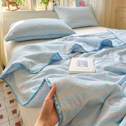 Ownkoti Mint Striped Trim Crinkled Knitted Cotton Quilt - Blue - Queen - image 6