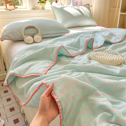 Ownkoti Mint Striped Trim Crinkled Knitted Cotton Quilt - Green - Queen - image 0