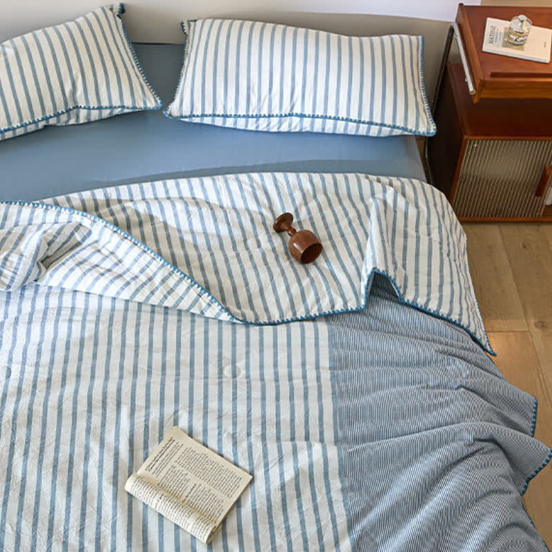Ownkoti Shell Trim Two-Tone Stripe Cotton Bedding Set - Blue - Queen - Bedding Set (4PCS) - image 0