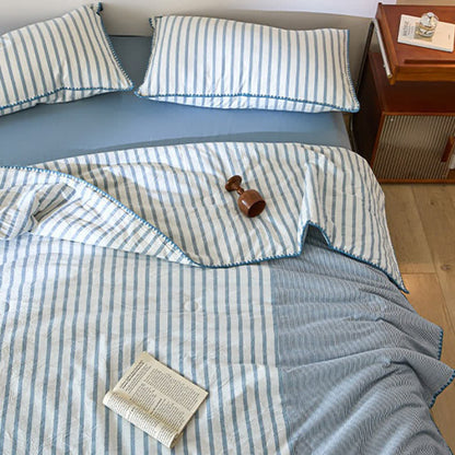 Ownkoti Shell Trim Two-Tone Stripe Cotton Bedding Set - Blue - Queen - Bedding Set (4PCS) - image 0