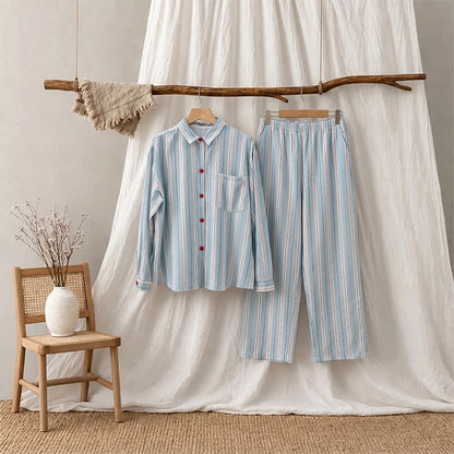 Ownkoti Red Accent Blue Stripe Double Gauze Pajamas - Red & Blue - L - image 2