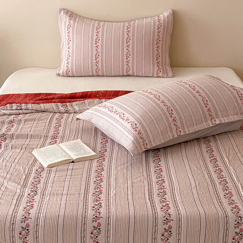 Ownkoti Blush Floral Stripe Washed Cotton Bedding Set - Pink - Queen - Bedding Set (3PCS) - image 0