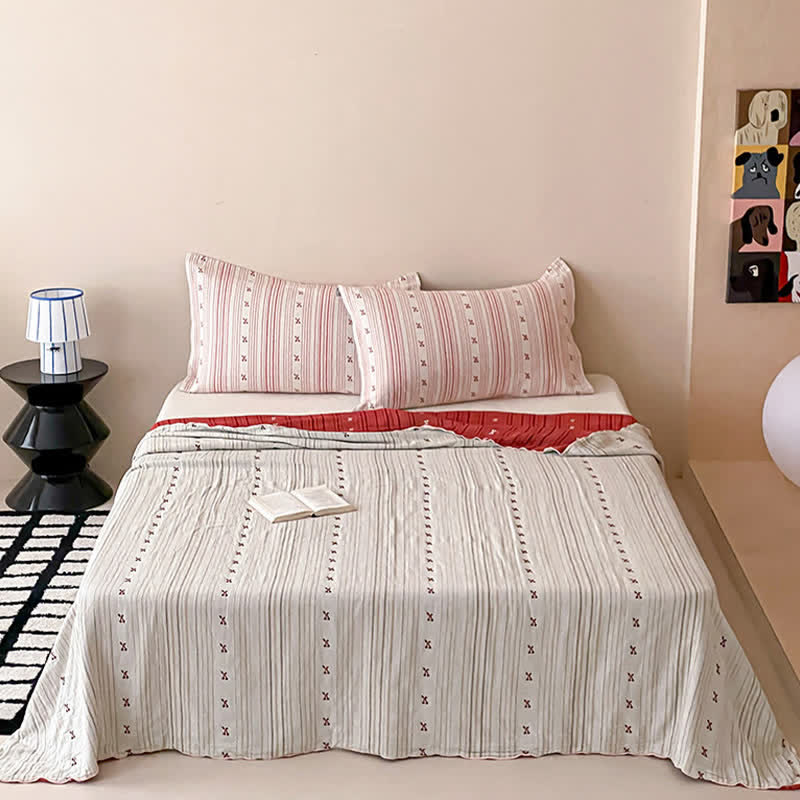 Ownkoti Cherry Stripe Red Trim Washed Cotton Bedding Set - image 2