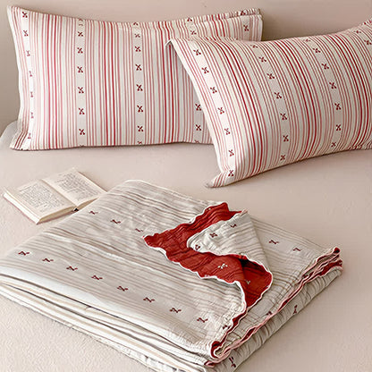 Ownkoti Cherry Stripe Red Trim Washed Cotton Bedding Set - image 3