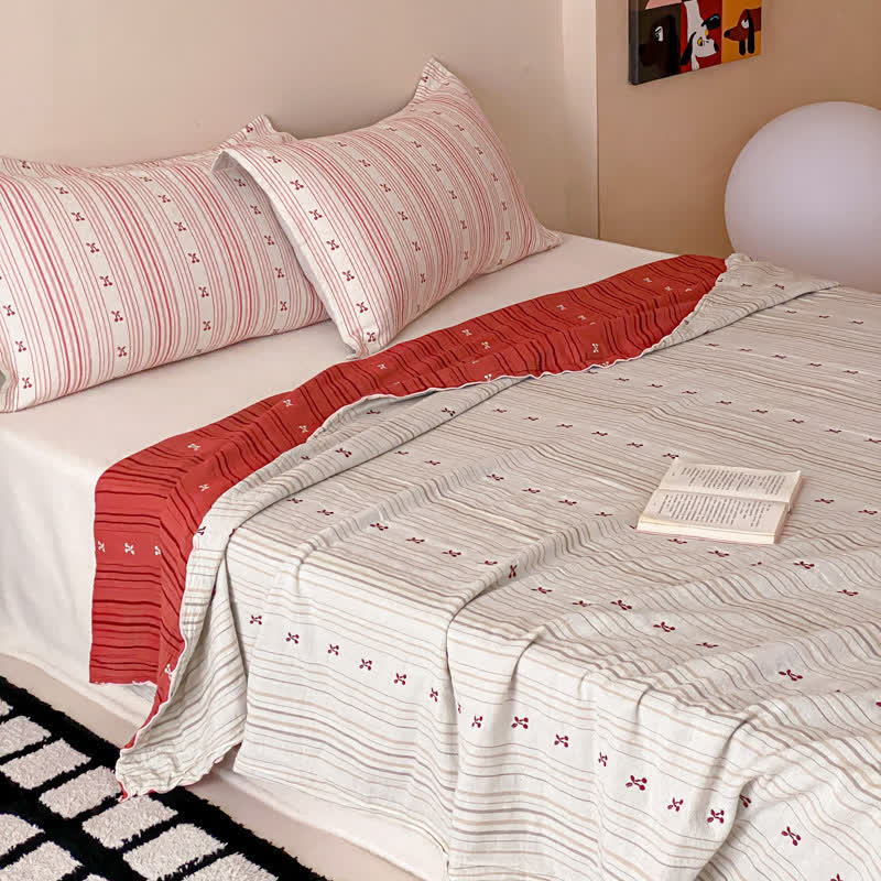 Ownkoti Cherry Stripe Red Trim Washed Cotton Bedding Set - image 1