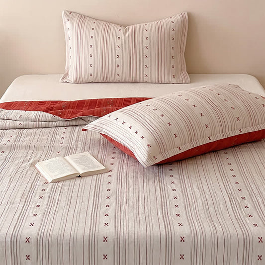Ownkoti Cherry Stripe Red Trim Washed Cotton Bedding Set - Pink - Queen - Bedding Set (3PCS) - image 0