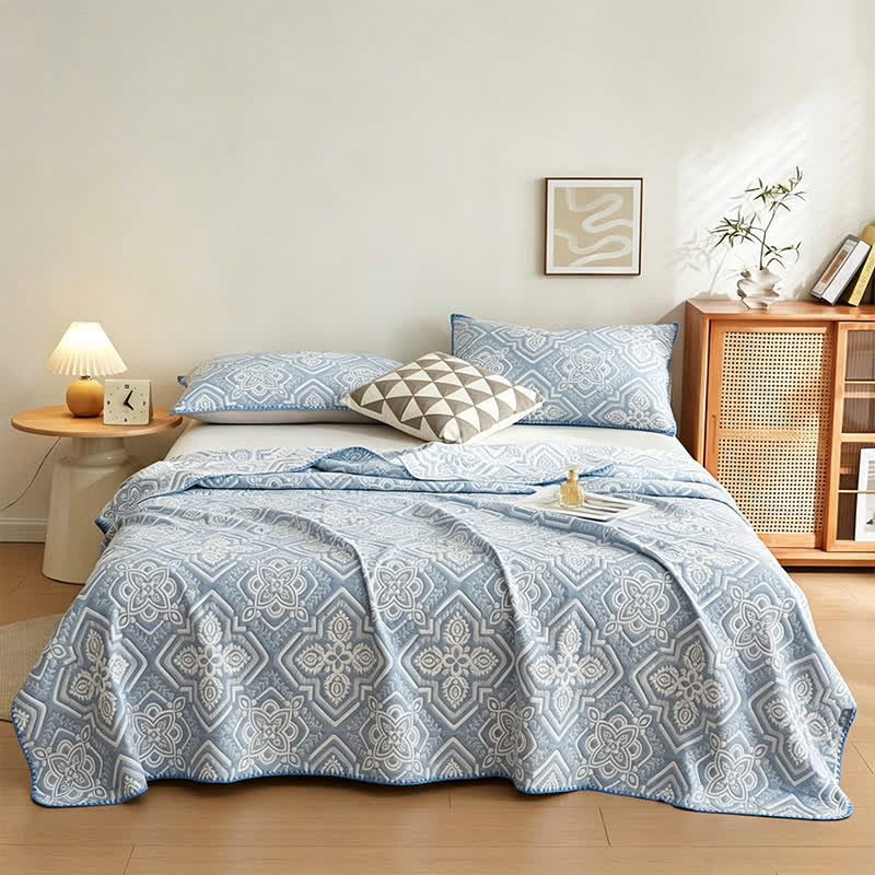 Ownkoti Mediterranean Tile Cotton Muslin Blanket Quilt - Blue - 2PCS Pillowcases - 19" x 29" - image 0
