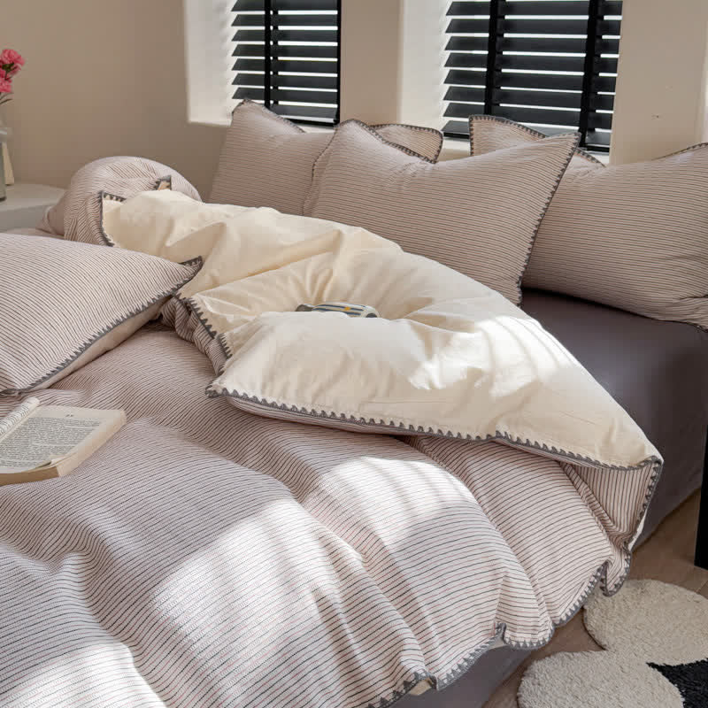 Ownkoti Stripe Scalloped Edge Washed Cotton Bedding Set  - Grey - King - Fitted Sheet - image 4