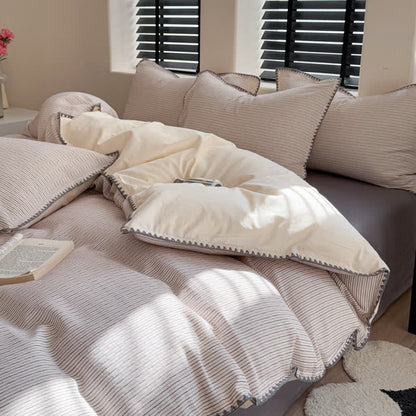 Ownkoti Stripe Scalloped Edge Washed Cotton Bedding Set  - Grey - King - Fitted Sheet - image 4