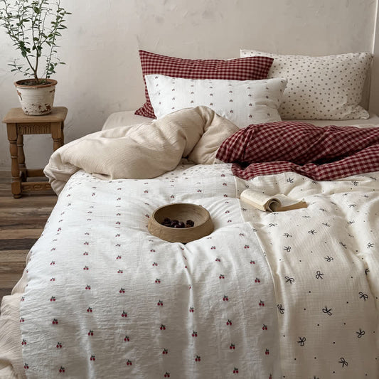Ownkoti Cherry Gingham Washed Cotton Soft Cozy Bedding Set - Red - Flat Sheet - King - image 0