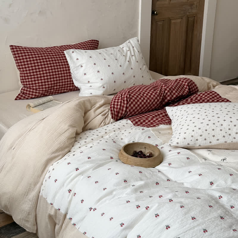 Ownkoti Cherry Gingham Washed Cotton Soft Cozy Bedding Set - image 1