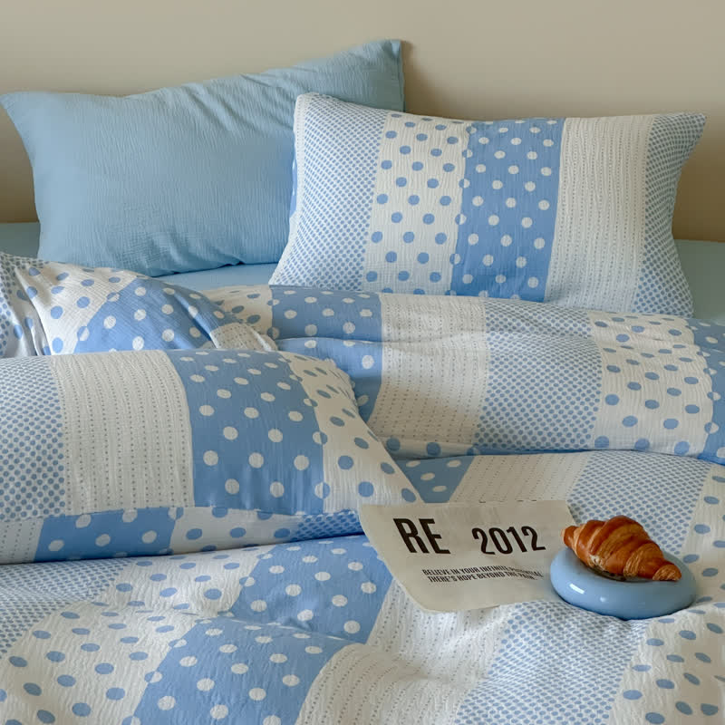 Ownkoti Patchwork Polka Dot Double Gauze Bedding Set - Blue - King - Fitted Sheet - image 0