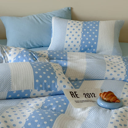 Ownkoti Patchwork Polka Dot Double Gauze Bedding Set - Blue - King - Fitted Sheet - image 0