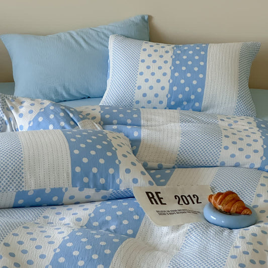 Ownkoti Patchwork Polka Dot Double Gauze Bedding Set - Blue - King - Fitted Sheet - image 0