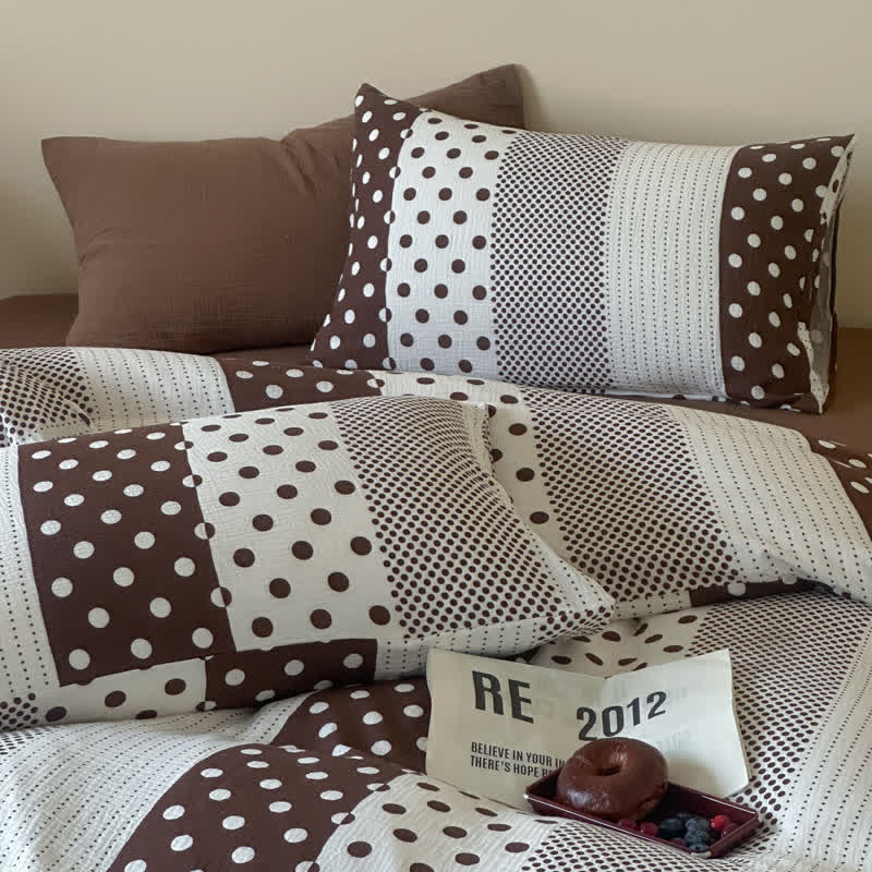 Ownkoti Patchwork Polka Dot Double Gauze Bedding Set - Coffee - King - Fitted Sheet - image 5