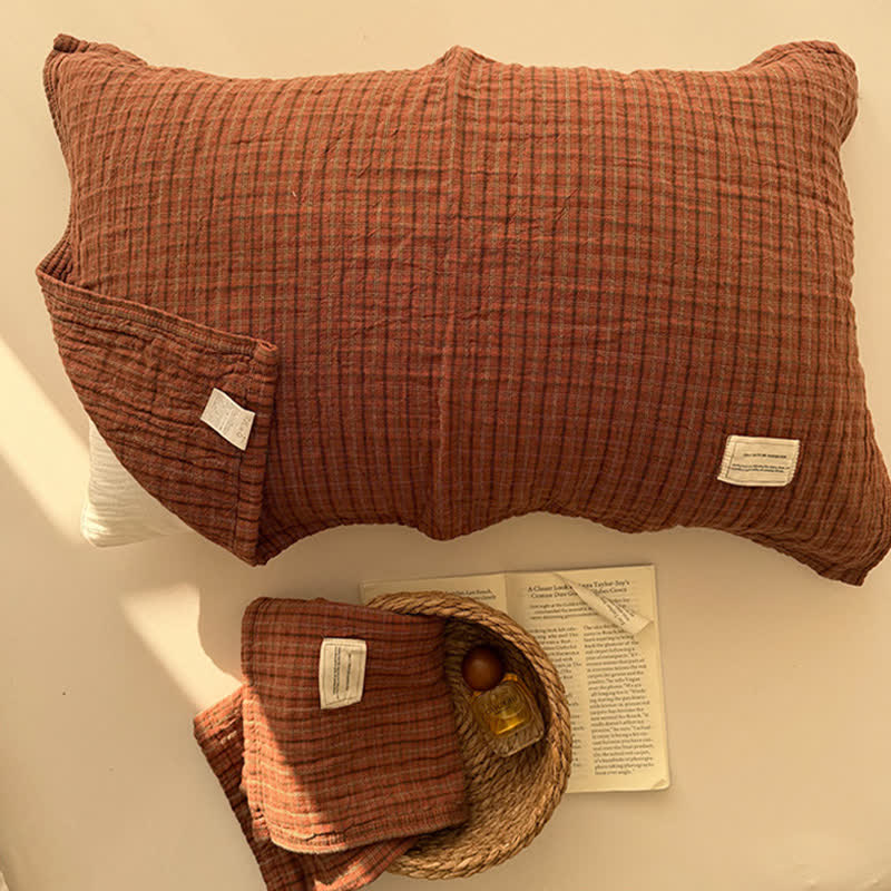Ownkoti Vintage Grid Double Gauze Cotton Pillow Cover - 20'' × 30'' - Red - 2PCS - image 1