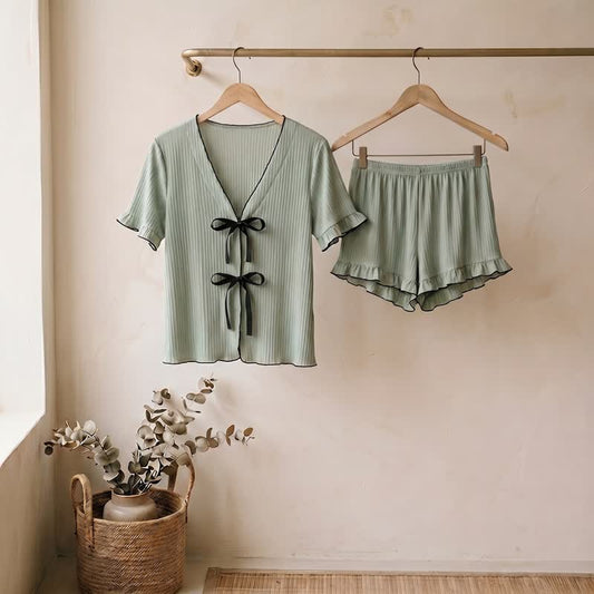 Ownkoti Pink Bow Detail Ruffle Hem Loungewear Set - DarkSeaGreen - L - image 0
