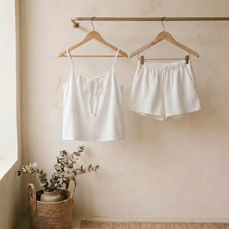 Ownkoti White Cotton Gauze Bow Lounge Set - White - L  - image 0