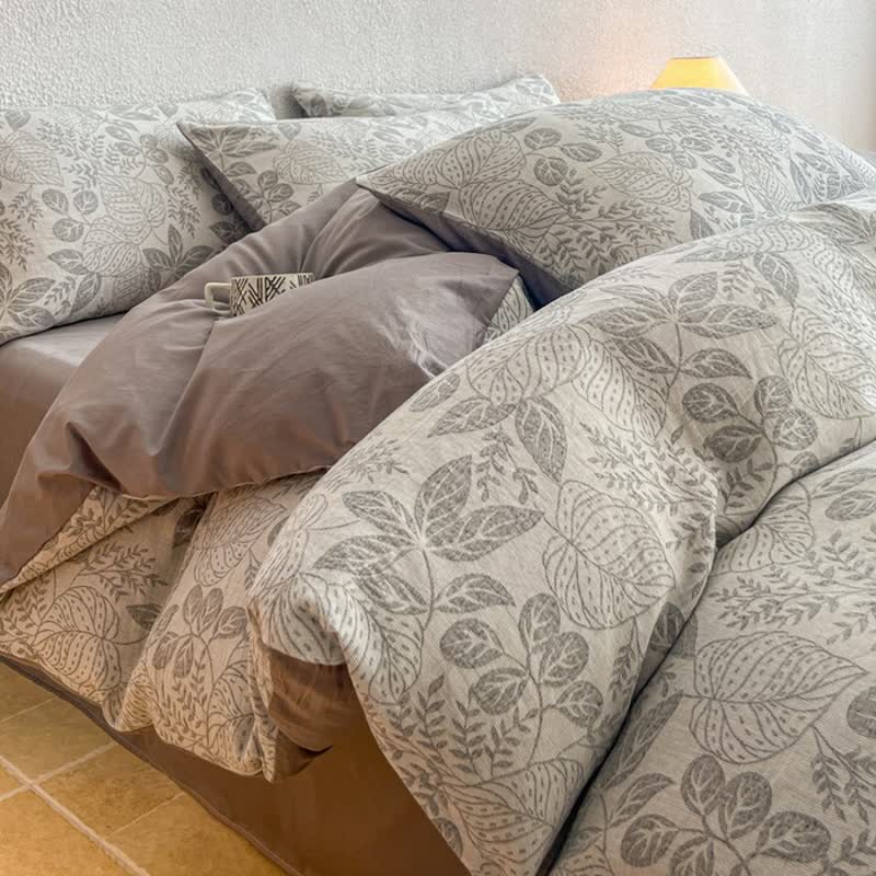 Ownkoti Botanical Whisper Washed Cotton Jacquard Bedding Set - Grey - King - Flat Sheet - image 1