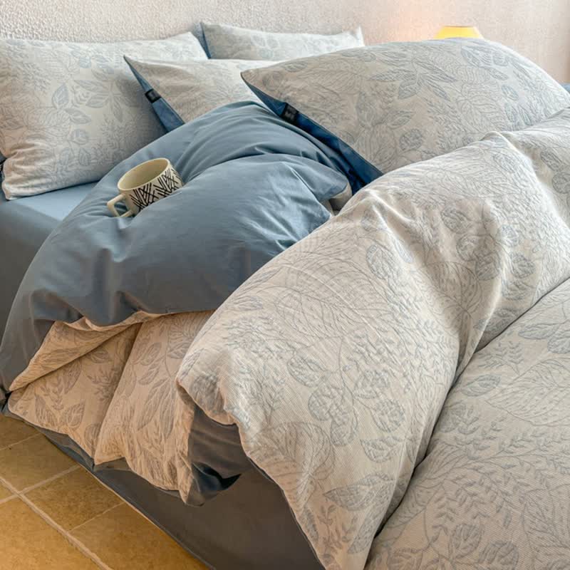 Ownkoti Botanical Whisper Washed Cotton Jacquard Bedding Set - Blue - King - Flat Sheet - image 12