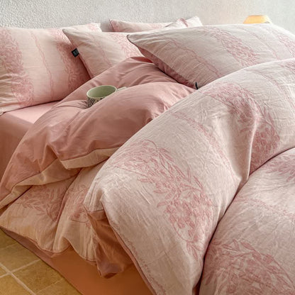 Ownkoti Washed Cotton Jacquard Botanical Bedding Set - Pink - King - Flat Sheet - image 0