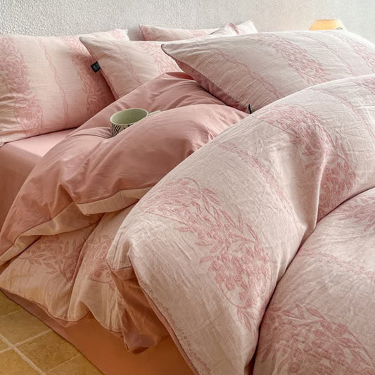 Ownkoti Washed Cotton Jacquard Botanical Bedding Set - Pink - King - Flat Sheet - image 0