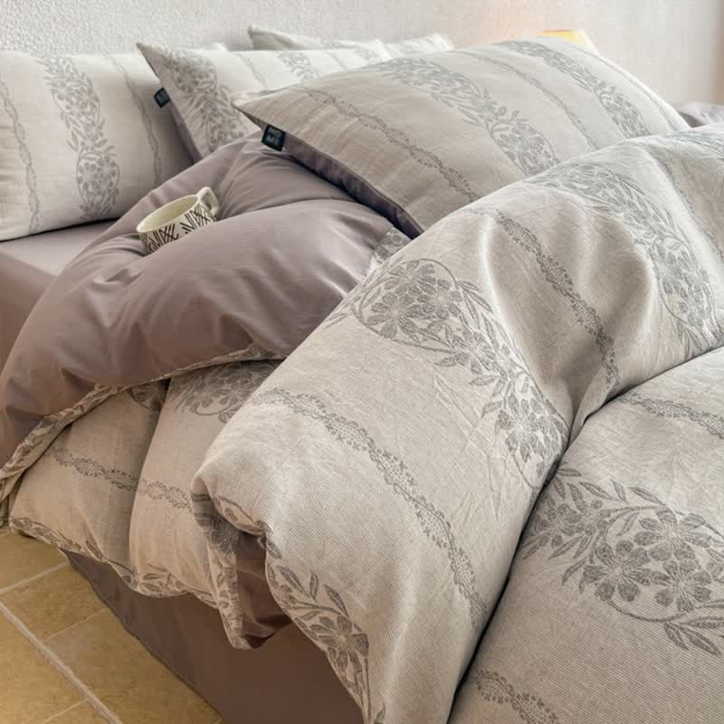 Ownkoti Washed Cotton Jacquard Botanical Bedding Set - Grey - King - Flat Sheet - image 2