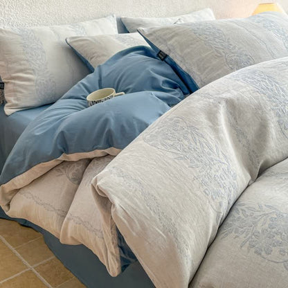 Ownkoti Washed Cotton Jacquard Botanical Bedding Set - Blue - King - Flat Sheet - image 4