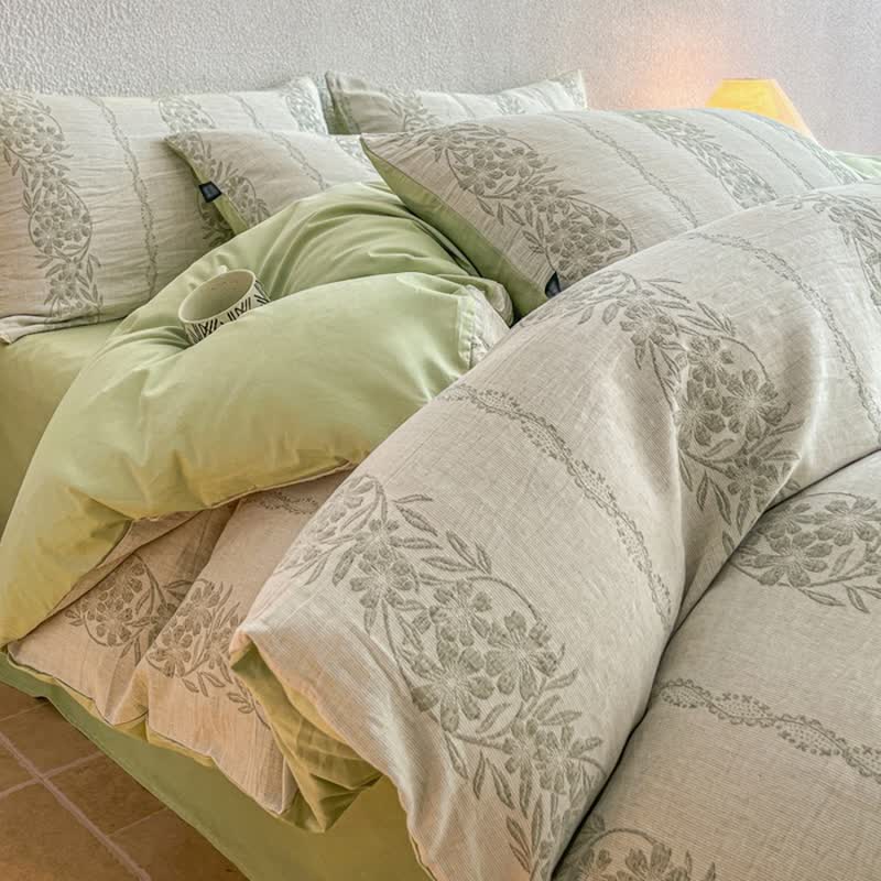 Ownkoti Washed Cotton Jacquard Botanical Bedding Set - Green - King - Flat Sheet - image 16