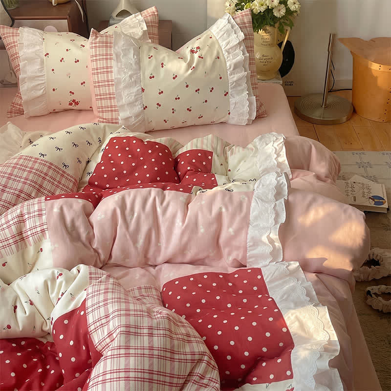 Ownkoti Sweet Cherry Ruffle Cotton Gauze Bedding Set - Red - King - Flat Sheet - image 0