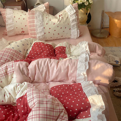 Ownkoti Sweet Cherry Ruffle Cotton Gauze Bedding Set - Red - King - Flat Sheet - image 0