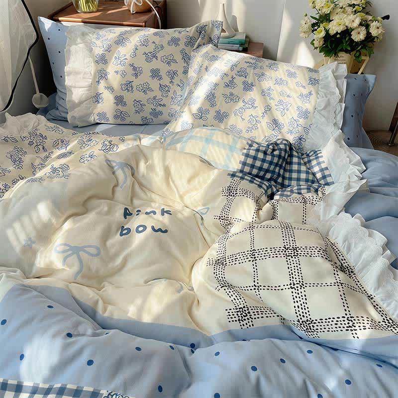 Ownkoti Mist Blue Floral Patchwork Cotton Gauze Ruffle Bedding Set - Blue - King - Flat Sheet - image 0
