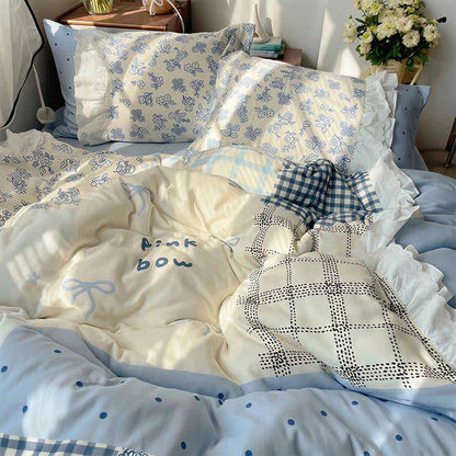 Ownkoti Mist Blue Floral Patchwork Cotton Gauze Ruffle Bedding Set - Blue - King - Flat Sheet - image 0