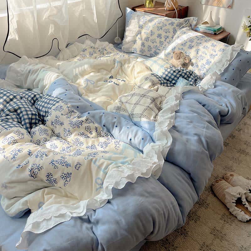 Ownkoti Mist Blue Floral Patchwork Cotton Gauze Ruffle Bedding Set - image 2