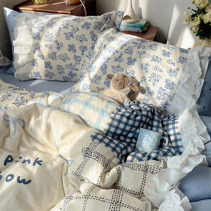 Ownkoti Mist Blue Floral Patchwork Cotton Gauze Ruffle Bedding Set - image 3