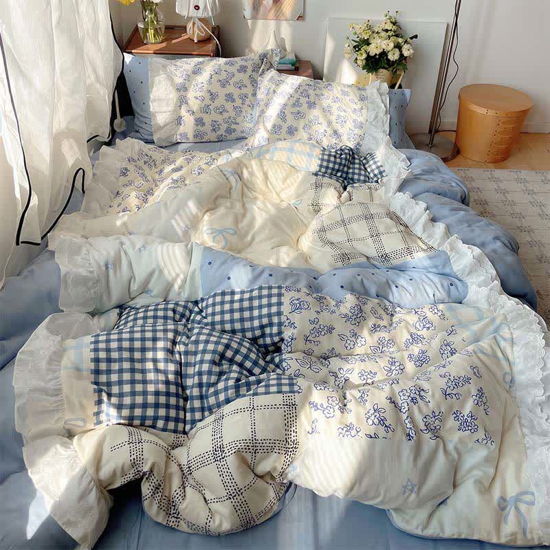 Ownkoti Mist Blue Floral Patchwork Cotton Gauze Ruffle Bedding Set - image 1