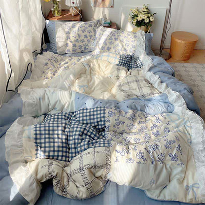 Ownkoti Mist Blue Floral Patchwork Cotton Gauze Ruffle Bedding Set - image 1