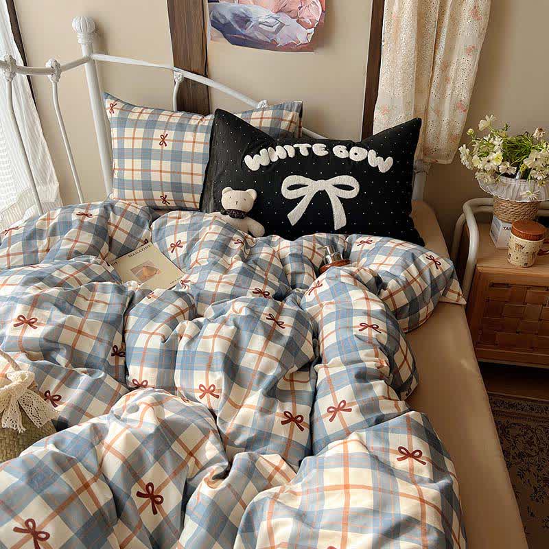 Ownkoti Soft Washed Cotton Bow Plaid Bedding Set - Blue - King - Flat Sheet - image 0