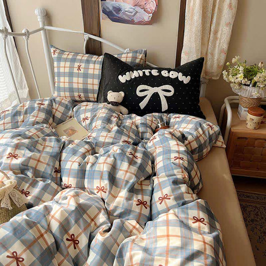 Ownkoti Soft Washed Cotton Bow Plaid Bedding Set - Blue - King - Flat Sheet - image 0