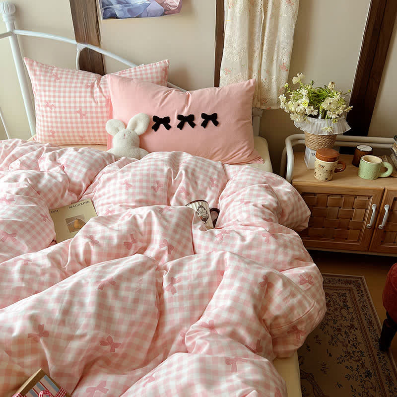 Ownkoti Soft Washed Cotton Bow Plaid Bedding Set - Pink - King - Flat Sheet - image 4
