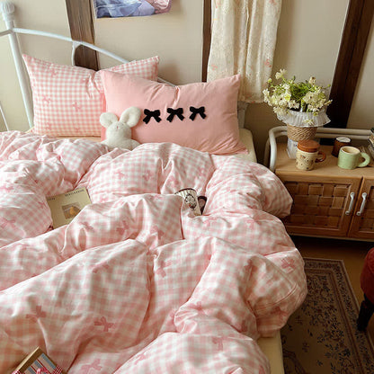 Ownkoti Soft Washed Cotton Bow Plaid Bedding Set - Pink - King - Flat Sheet - image 4