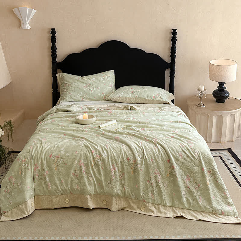 Ownkoti Floral Cotton Linen Quilt with Button Trim - Quilt with 2PCS Pillowcases - Queen - image 1