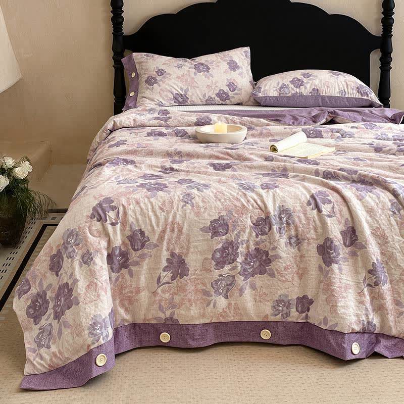 Ownkoti Romantic Purple Floral Cotton Linen Blanket Quilt - image 1