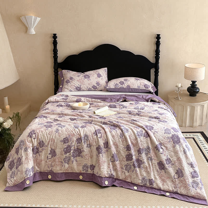 Ownkoti Romantic Purple Floral Cotton Linen Blanket Quilt - image 2