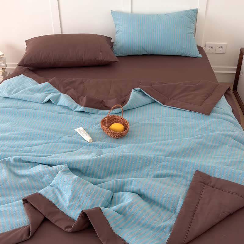 Ownkoti Cozy Farmhouse Cotton Two-Tone Striped Bedding Set - Blue Brown - Queen - Bedding Set - image 8