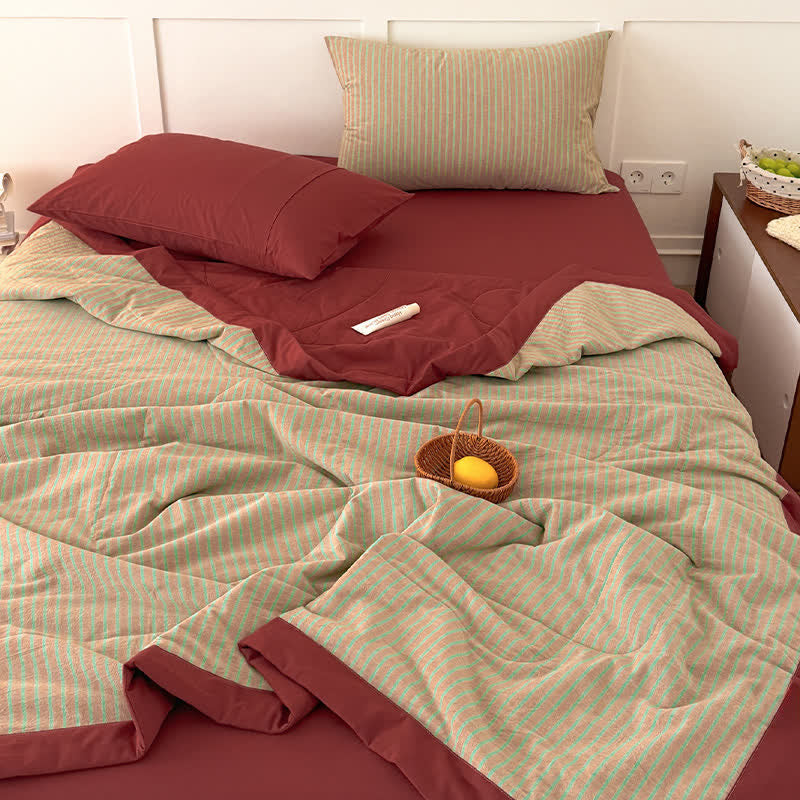 Ownkoti Cozy Farmhouse Cotton Two-Tone Striped Bedding Set - Orange Red - Queen - Bedding Set - image 0